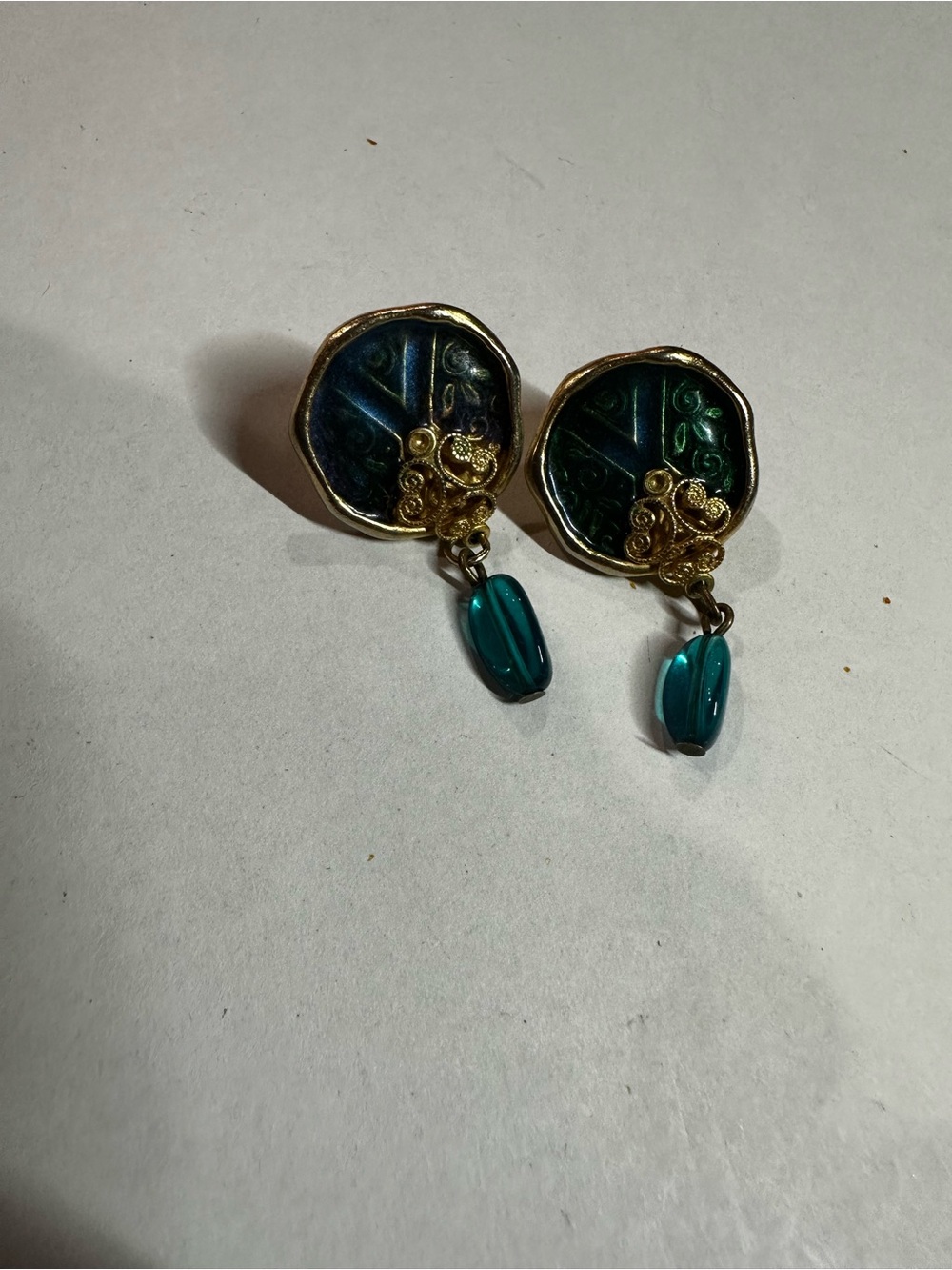 Vintage Michal Negrin Artisan Teal Enamel Filigree Glass Dangle Pierced Earrings